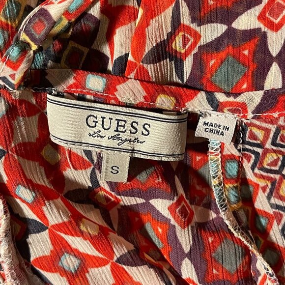 Women's S Guess Vintage Sheer Ruffled Tank Geometric Pattern Ruffled Smocked - Picture 6 of 9